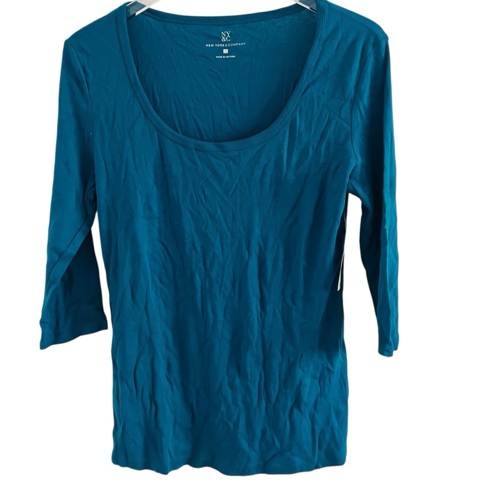 New York & Company Teal Scoop Neck 3/4 Sleeve Shirt